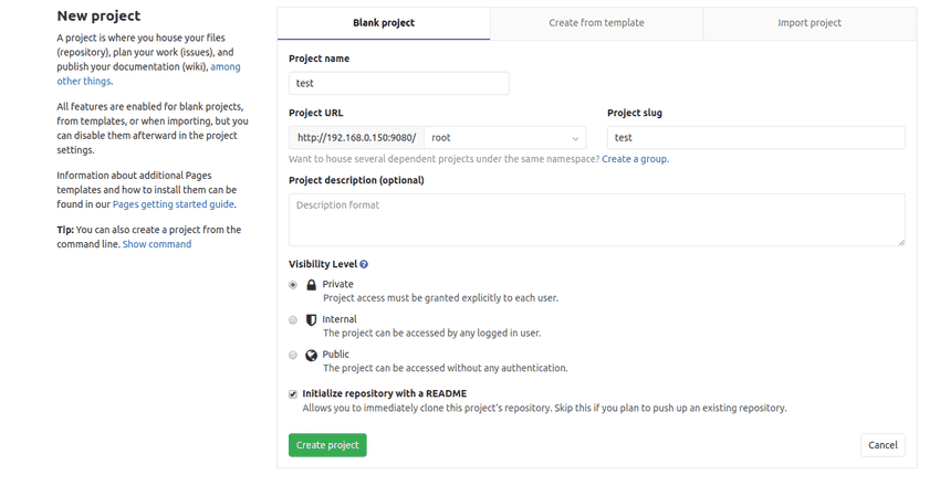 gitlab create project page gitlab create project page